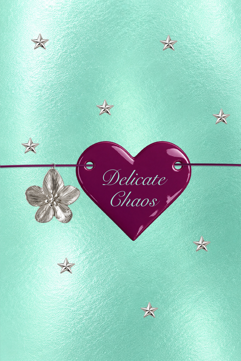 Back cover: a plum heart with the words Delicate Chaos, a silver flower charm and little stars.