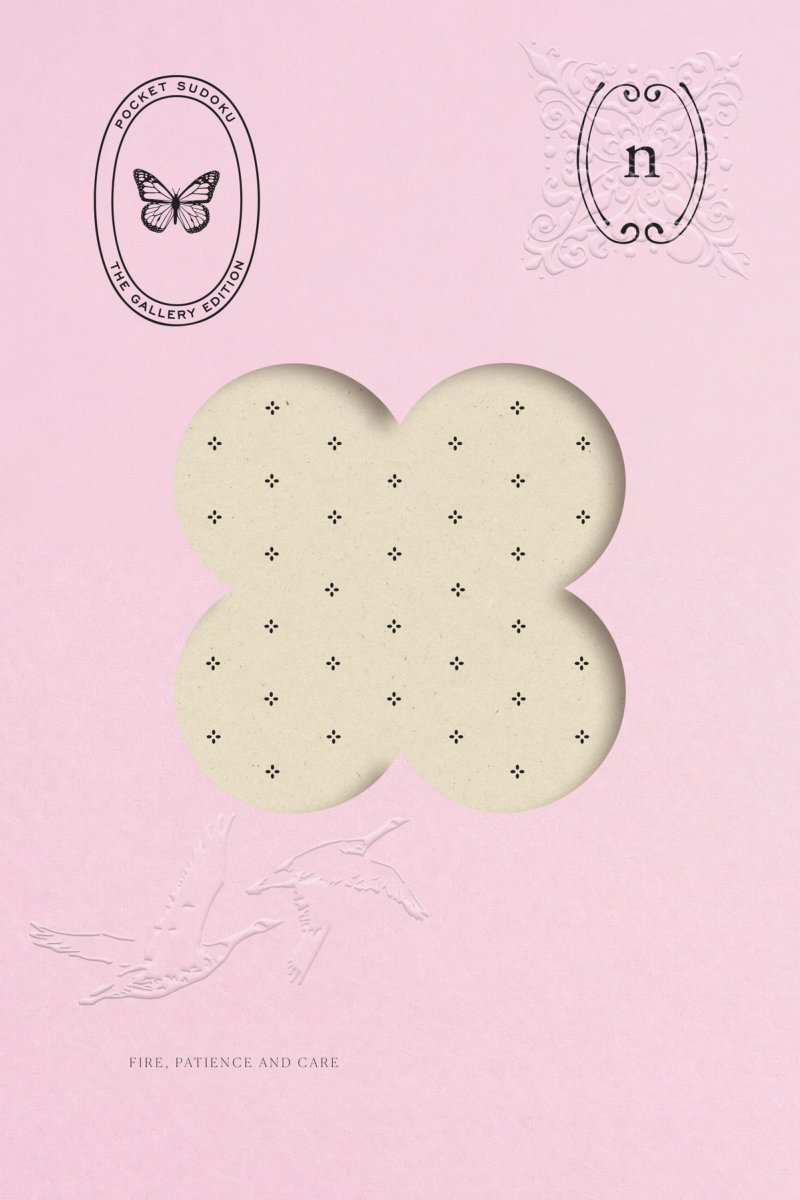 Back cover: powder pink with a butterfly emblem and a window showing a sudoku pattern.